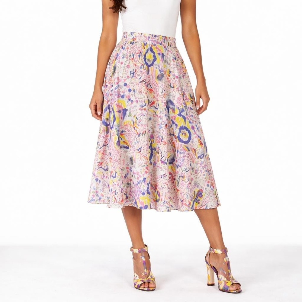70s Vintage Abstract Print Midi Skirt High Waist White Multicolor Womens XS Art